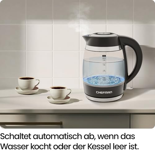 Chefman Elektrischer Wasserkocher, 1.8L 2200W, abnehmbarer Deckel, automatische Abschaltung, Trockengehschutz, Edelstahlfilter, BPA-frei, elektrische Teekanne aus Borosilikatglas