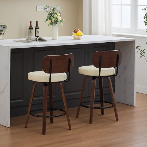 Image of YaFiti Swivel Bar Stools Set of 2, 26 inch Upholstered Faux Leather Counter Height Barstools with Walnut Back & Bentwood Legs, Mid Century Modern Bar Chairs Island Stools for Kitchen Counter, Beige PU