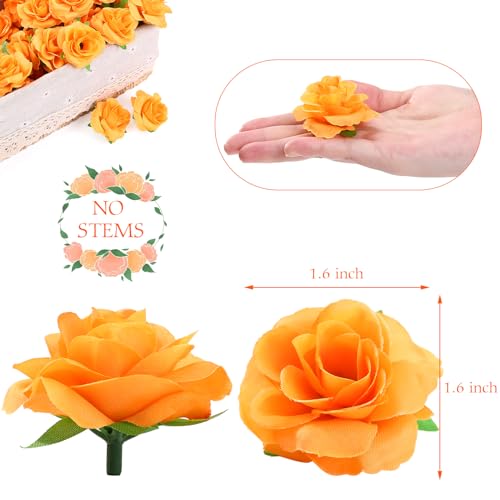 Kesoto 50pcs Mini Orange Roses Artificial Flowers Bulk, 1.6\" Small Silk Fake Roses Flower Heads for Decoration, Crafts, Wedding Centerpieces Bridal Shower Party Home Decor