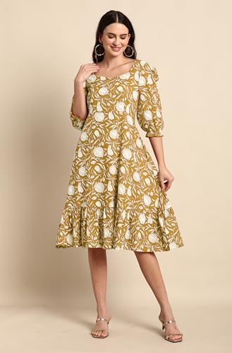 Janasya Robe trapèze pour femme, longueur genou, en pur coton, imprimé floral, moutarde, 38 – vue 2