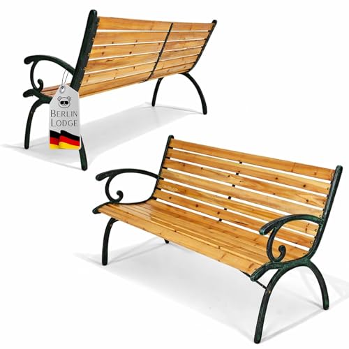 BERLINLODGE Gartenbank MADEIRA Holz & Gusseisen 2-Sitzer wetterfest, rustikal & massiv, 77 x 123 x 54 cm Metall, Balkonbank Holzbank Wintergarten Gartenmöbel Sitzbank Parkbank Garten Balkon & Terrasse
