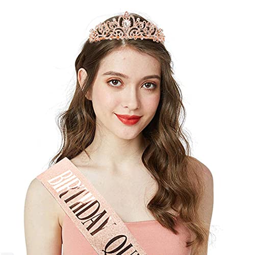 Amerteer Birthday Sash and Crown for Women, Birthday Queen Tiara with Sparkling Rhinestones and Sash Set, Birthday Accessories for Girls, Birthday Party Favors