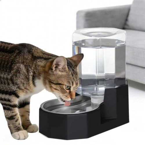 Sfozstra Gravity Water Bowl Dispenser : Automatic 5L Black Cat Stainless Steel Feeder with Specialized Brush - for Dogs with Joint Problems - Suitable in Garage Bedroom