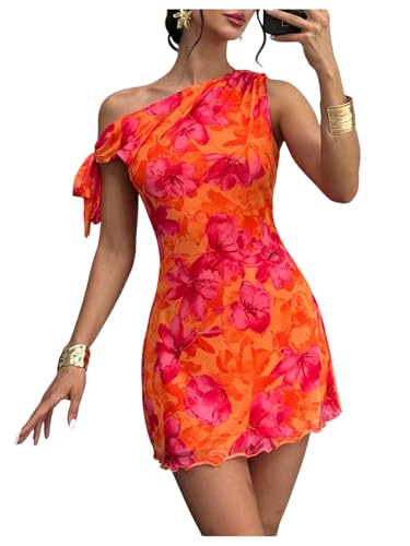 GORGLITTER Women's Asymmetrical Hem Bodycon Mini Dress Tie One Shoulder Floral Sleeveless Wedding Guest Pencil Short Dresses Orange Medium