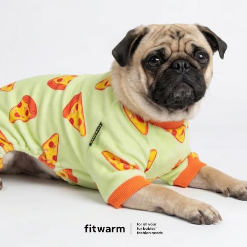 Image of Fitwarm Pizza Dog Fleece Pajamas, Funny Cozy Clothes for Small Dogs Boy Girl, Soft Pet Onesie, Light Green, Orange, XL