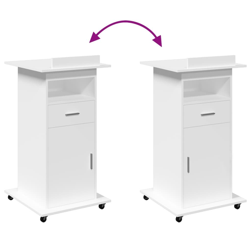 Leggio con Ruote e Cassetto Bianco 55x55x107 cm in Multistrato,Leggio, Podio, Pulpito per Conferenze, Tavolo per Presentazioni, Scrivania per Discorsi Pubblici, Porta PC, Piano Inclinato e Ripia