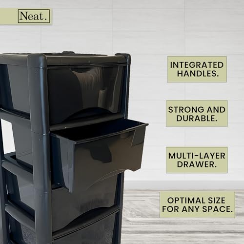 Neat. 4 Plastic Storage Drawers - Space-Saving Draws for Office & Home, Plastic Drawers Storage Unit - Durable Plastic Storage Draws - Plastic Draws Storage Drawers Unit H80cm x L39cm x W39cm - Black - 5