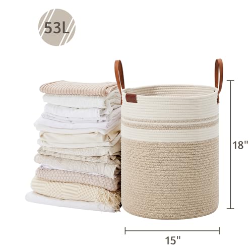 Image of VIPOSCO 53L Tall Woven Rope Laundry Hamper, Leather Handles, Brown & White