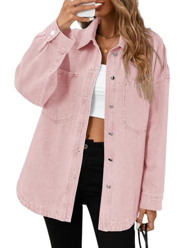 Tankaneo Womens Oversized Denim Shirt Jacket Button Down Long Sleeve Fall Casual Jean Shackets Pink