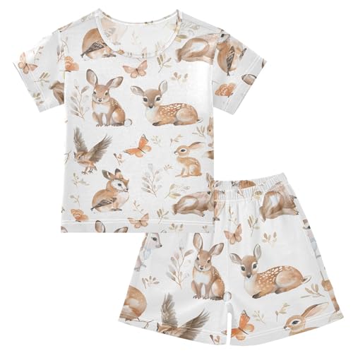 ALAZA Deer Butterfly Leaf Rabbit Pajamas Short Sleeve 2 Piece Sleepwear Top and Bottom Pajama Set Unisex