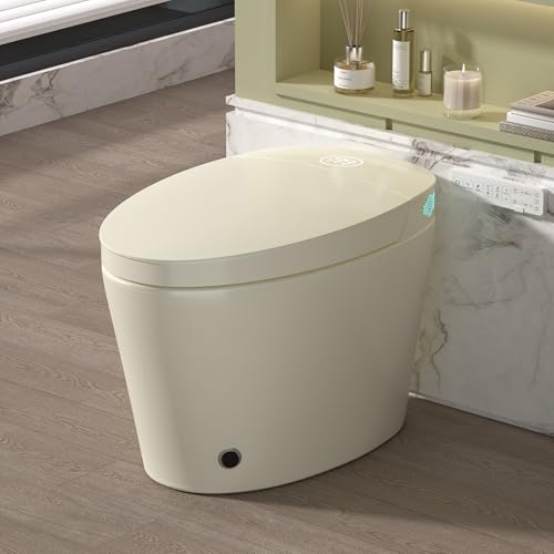 Inodoro Inteligente con Bidet, Asiento Calentado, Descarga Automática sin Contacto, Rough-in 12 Pulgadas, Agua Caliente, Secador de Aire, Luz Nocturna, Descarga con Pie, Pantalla LED, Control Remoto, Color Crema