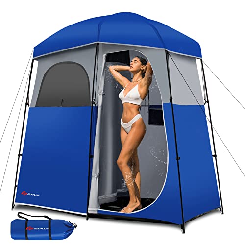 Goplus 2 Room Shower Tent, Portable Camping Changing with Floor Drain, Detachable Rain Fly, Stakes & Ropes, UV Protection, Water Resistant Privacy for Outdoor Toilet, Dressing (Blue)