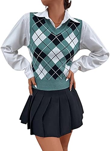SOLY HUX Women's V Neck Sweater Vest Sleeveless Argyle Print Tank Top Multicoloured S
