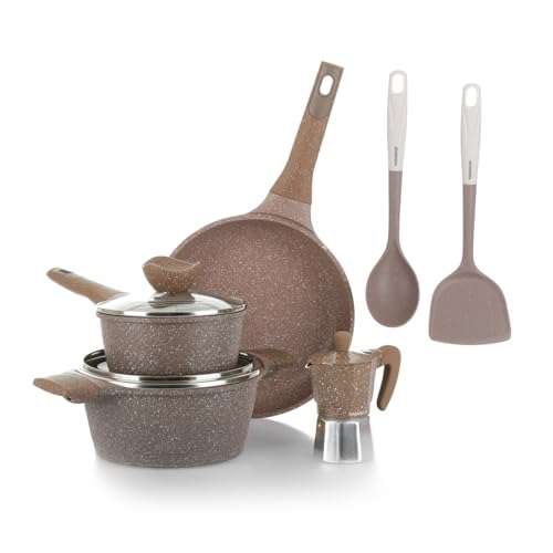 KASANOVA Juego de ollas antiadherente 0 Grasas, batería de cocina apta para inducción y todo tipo de fuegos, ollas y sartenes antiadherentes de 4 capas con diseño moderno (8 piezas)