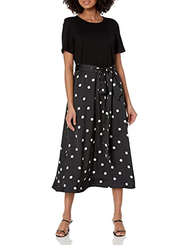 Anne Klein Women's Tie Waist Satin & Serenity Mix Dress, Black #TOP12
