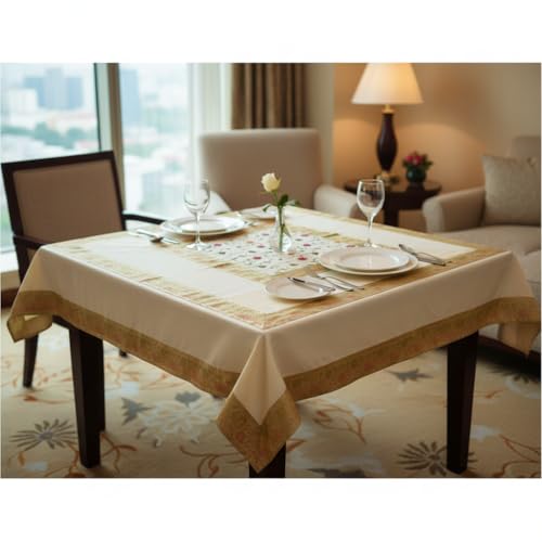 Image of New Year Room Decor Embroidery Brocade Silk Table Cover for Centre & Dinning Table and 4 & 6 Seater Dining Table /Tablecloth, (50 By 50 Inches) (Cream)