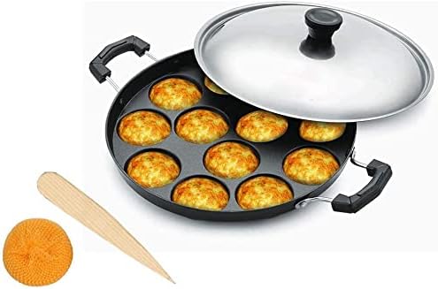 KSJONE 12 Pits Non Stick Pan  Aebleskiver Frying Pan - Poffertjes Maker Pan with 12 Holes - Paniyaram Pan, Appam Maker Panniyarakal  Two Side Handle with Steel Lid  22 cm