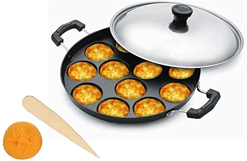 Foto von KSJONE 12-Pfannen-Antihaft-Pfanne – Aebleskiver-Bratpfanne – Poffertjes-Maker-Pfanne mit 12 Löchern – Paniyaram-Pfanne, Appam-Maker Panniyarakal – Zweiseitiger Griff mit Stahldeckel – 22 cm