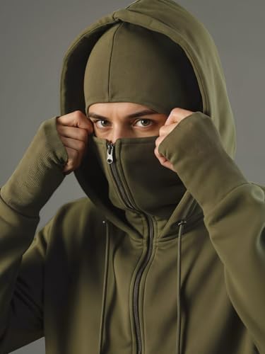 Image of ADRO Men Balaclava Hoodies | 320 GSM Soft Cotton Zipper Hoodie | Thumb-Hole Cuff Gloves | Travel Jacket with Hood | Winter Sweatshirt