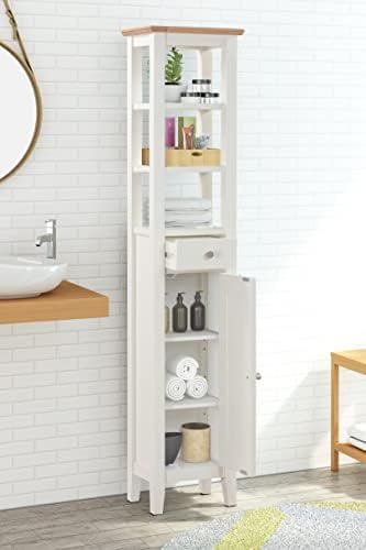 Hallowood Furniture Clifton Oak Off White Bathroom Cabinet -Tall Bathroom Storage Unit with 3 Shelfs 1 Drawer & 1 Storage Cabinet - Storage Cupboard for Living Room - Hallway Storage Unit