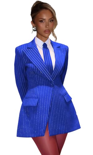 Royal Blue Blazer Dress for Women Slim Fit Notch Lapel Suit Dress with Tie Retro Pinstripe Blazer...