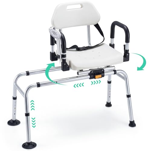 COSTWAY Silla Ducha Personas Mayores, Taburete Ducha con Respaldo, Asiento Deslizante Giratorio 360°, 5 Alturas Ajustables,Reposabrazos Extraíbles y Soporte para Ducha, Silla Baño Adulto,46x87,5x58cm