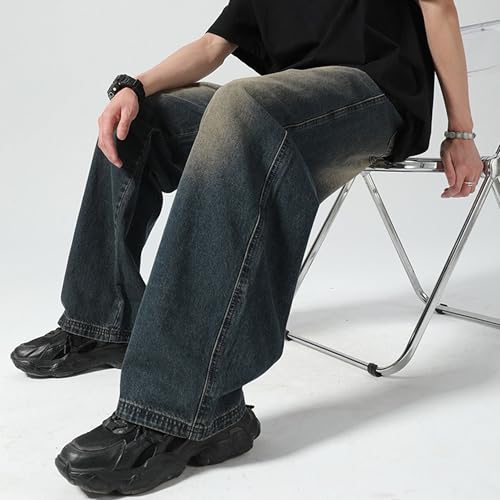 Men's Classic Wide-Leg Baggy Jeans Vintage Relaxed Fit Long Denim Pants Elastic Waist Straight Leg Jean (Medium,Retro Bluef1)4