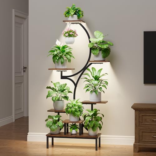Image of Plant Stand Indoor with Grow Lights - 7-Tier Indoor Plant Shelf with Elevated Base & Hanging Hook, 63 inch Corner Plants Stands for Multiple Plant Sizes, Multi-Tiered Lighted Rack for Living Room, Black