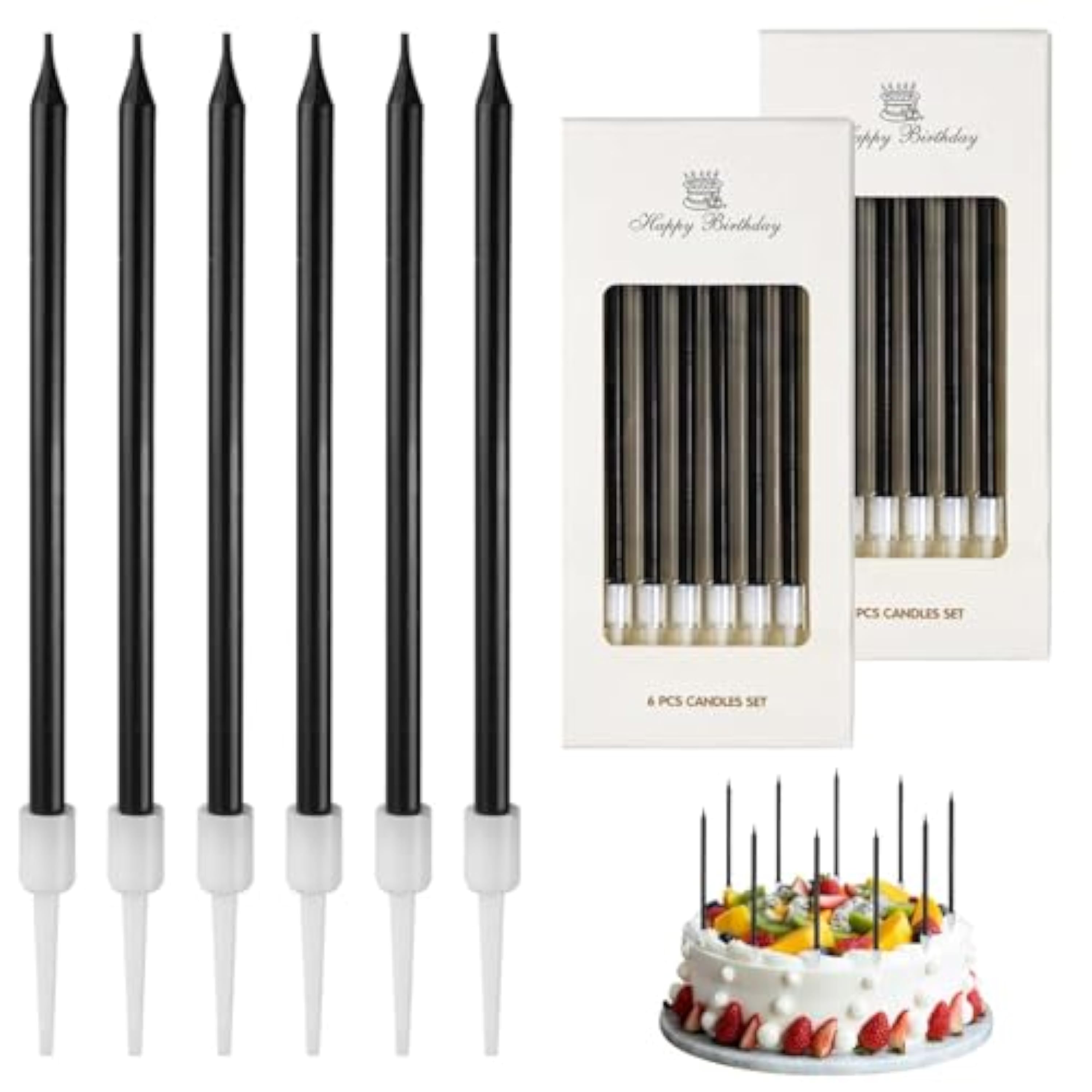 12 velas de cumpleaños para tartas de color negro, finas y largas, sin olor, no tóxicas, con soporte, para decoración de cumpleaños, bodas, fiestas, cumpleaños (negro)