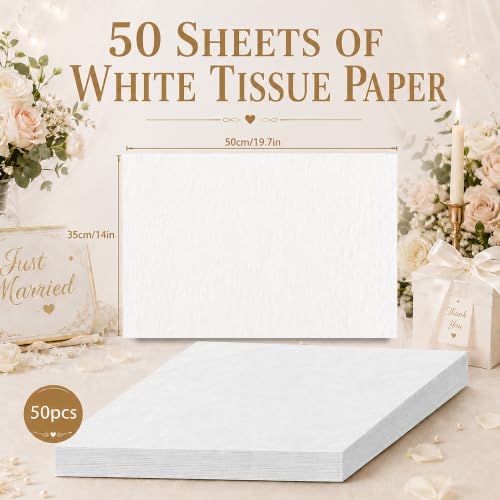 Image of White Tissue Paper - 50 Sheets Wrapping Paper for Gift Bags Boxes | Xmas Gift Wrapping for Christmas Decorations - Gift Wrapping Tissue Paper Bulk for DIY Crafts Wedding Birthday Party Supplies