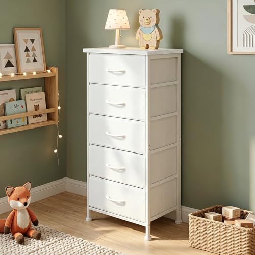 Image of Fixwal White Tall Skinny Dresser for Bedroom, Narrow Storage Dresser Organizer with 5 Fabric Drawers, Nightstand Furniture in Closet, Entryway, Hallway