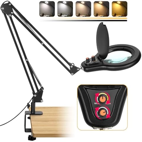 10X Large Magnifying Glass with Light and Stand, Dual Mechanical Knob Stepless Dimmable Lighted Magnifier, Real Glass Lens Desk Lamp with Light, Adjustable Swing Arm Clamp Light Hands Free for Crafts Cover