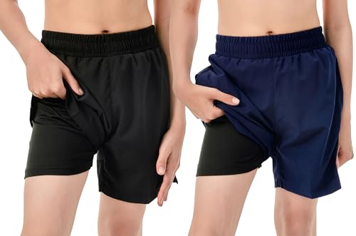 IRELIA 2 Pack Boys Box Brief Liner Compression Zipper Pocket Shorts Kids Quick Dry Active Sports Shorts with Reflective Strip BN 10-12 Black/Navy - image 2