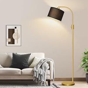【Upgraded】 Dimmable Gold Floor Lamp, 1200 Lumens LED Bulb Included, Arc Floor Lamps for Living Room Modern Standing Lamp with Black Shade, Tall Lamp for Living Room Bedroom Office Reading Room Nursery