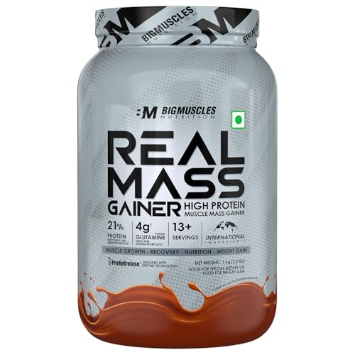 Bigmuscles Nutrition Real Mass Gainer [ Rich Chocolate]|Lean Whey Protein Muscle Mass Gainer|Complex Carbohydrates,|1000 Calories|Reduces Muscle Breakdown|Boosts Metabolism, 1 count, 1000 grams