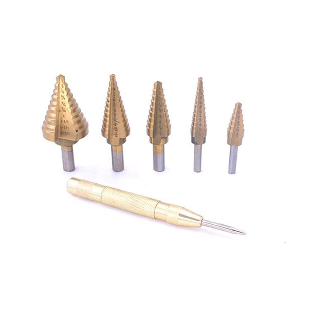 6pcs HSS Titanium Acciaio ad alta velocità Acciaio Cobalto Step Step Drill Set Set di bit per trapano a centro in acciaio ad alta velocità Punch per strumento di localizzazione accurato