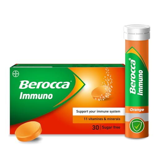 Berocca Immuno Effervescent Tablets 11 Vitamins and Minerals Including Vitamins D C A B9 Zinc and Iron to Help Support Your Immune System and B6 and B12 Support Energy Release Green 30 Tablets