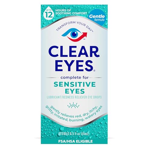 Clear Eyes Sensitive Eyes Eye Drops – Gentle Relief for Red, Itchy, Dry Eyes, 12 Hours of Soothing Comfort, 0.5 Fl Oz