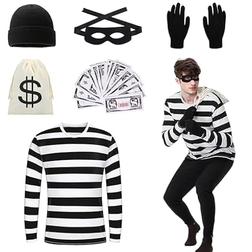 DAZZTIME Disfraz de ladrón, disfraz de ladrón de banco, disfraz para adultos, juego de disfraz de depredador para adultos, camiseta, gorro, guantes, para carnaval, carnaval, fiesta temática | Ya disponible en tu tienda friki favorita! En mundofriki.es!