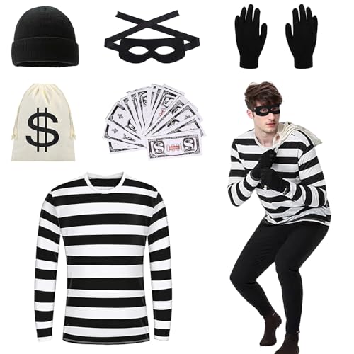 DAZZTIME Disfarce de ladrão, fantasia de ladrão de banco, fantasia para adultos, jogo de fantasia de predador para adultos, t-shirt, gorro, luvas, para carnaval, carnaval, festa temática
