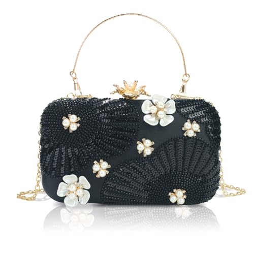 Image of Women Pearls Beaded Clutch Flower Sequins Evening Handbag Chain Strap Shoulder Bag