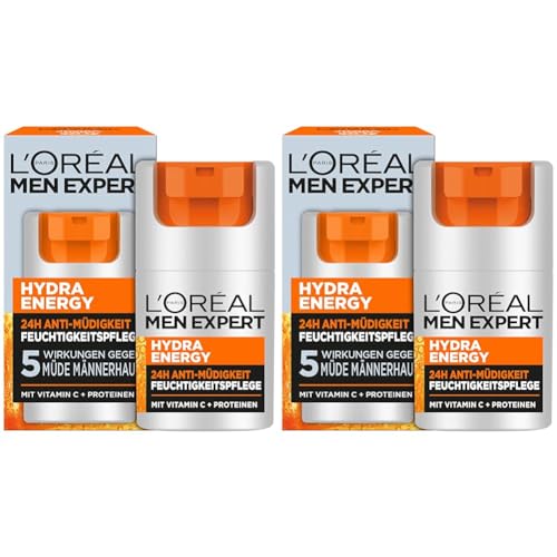 L'Oréal Men Expert Gesichtspflege gegen müde Haut für Männer, Belebende Feuchtigkeitscreme 24H Anti-Müdigkeit, Gesichtscreme für Herren mit Vitamin C und Proteinen, Hydra Energy, 1 x 50 ml