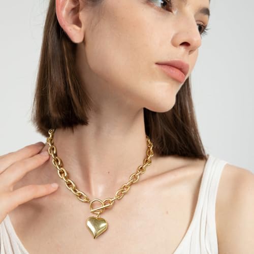 Fauthenticute Gold Heart Pendant Necklaces For Women Worn Gold Chunky Link Chain Necklaces With A Heart Toggle And Bar Mothers Day Necklace Gifts For Mom thumb #2