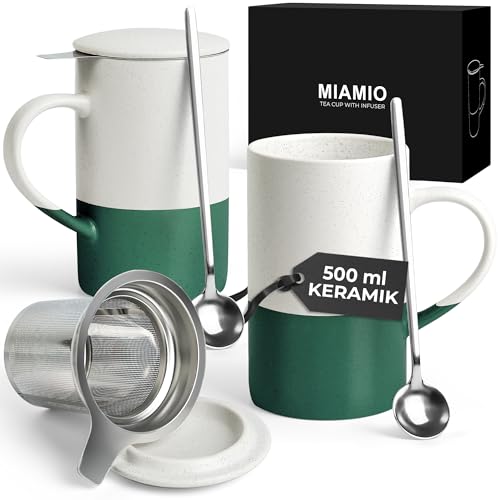 MIAMIO - Tee Tassen Set 2 x 500 ml mit Deckel und Sieb/Keramik Tee...