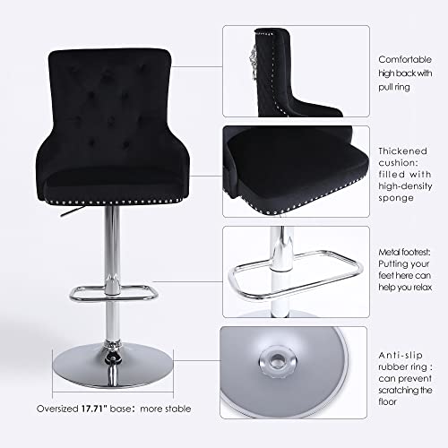 Chummaven Velvet Barstools Set Of 2, Modern Counter Height Adjustable Swivel Stools Chairs With High Tufted Backrest Chrome Base Lion Head Pull Ring Diamond Pattern Rivet Trim For Kitchen (Black) #TOP3