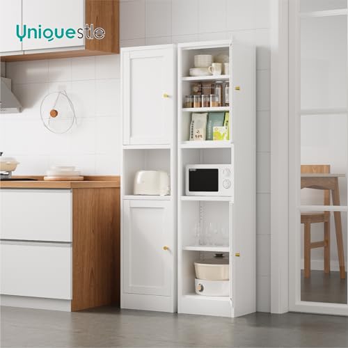 Image of 67 inch Tall Narrow Storage Cabinet with Doors and Open Shelf,Metal Pantry Cabinet,Shaker Style Slim Cabinet with Adjustable Shelves,for Bathroom Kitchen Laundry Small Spaces,White,1Pc