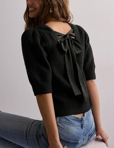 Image of Lentta Women's Bow Knit Sweater Trendy Backless Tie Puff Short Sleeve Crewneck Knitted Pullover Tops