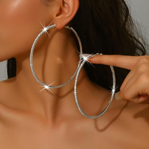 Extra Large Bling Rhinestone Hoop Statement Earrings for Women，Silver-90mm by Lacfobu - Used condition - Image 2