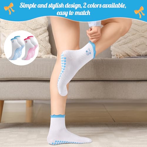 Jspupifip 2 Pairs Women Cute Pilates Grips Socks, Crew Non Slip Yoga Socks Ruffle Cuff Embroidery Workout Ballet Sock4