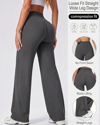 Image of Coume 2 Pack Women Workout Leggings Straight Wide Leg No Front Seam Yoga Gym Pants High Waist Buttery Soft Stretch Leggings